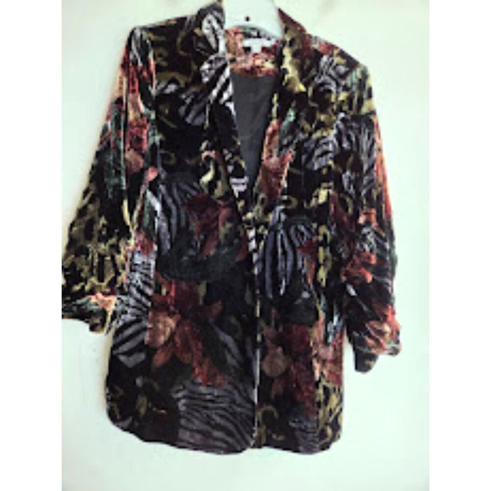 Chico's Women Black w/Red Blue Floral Velvet Scrunch Sleeve Blazer size 2/US 12